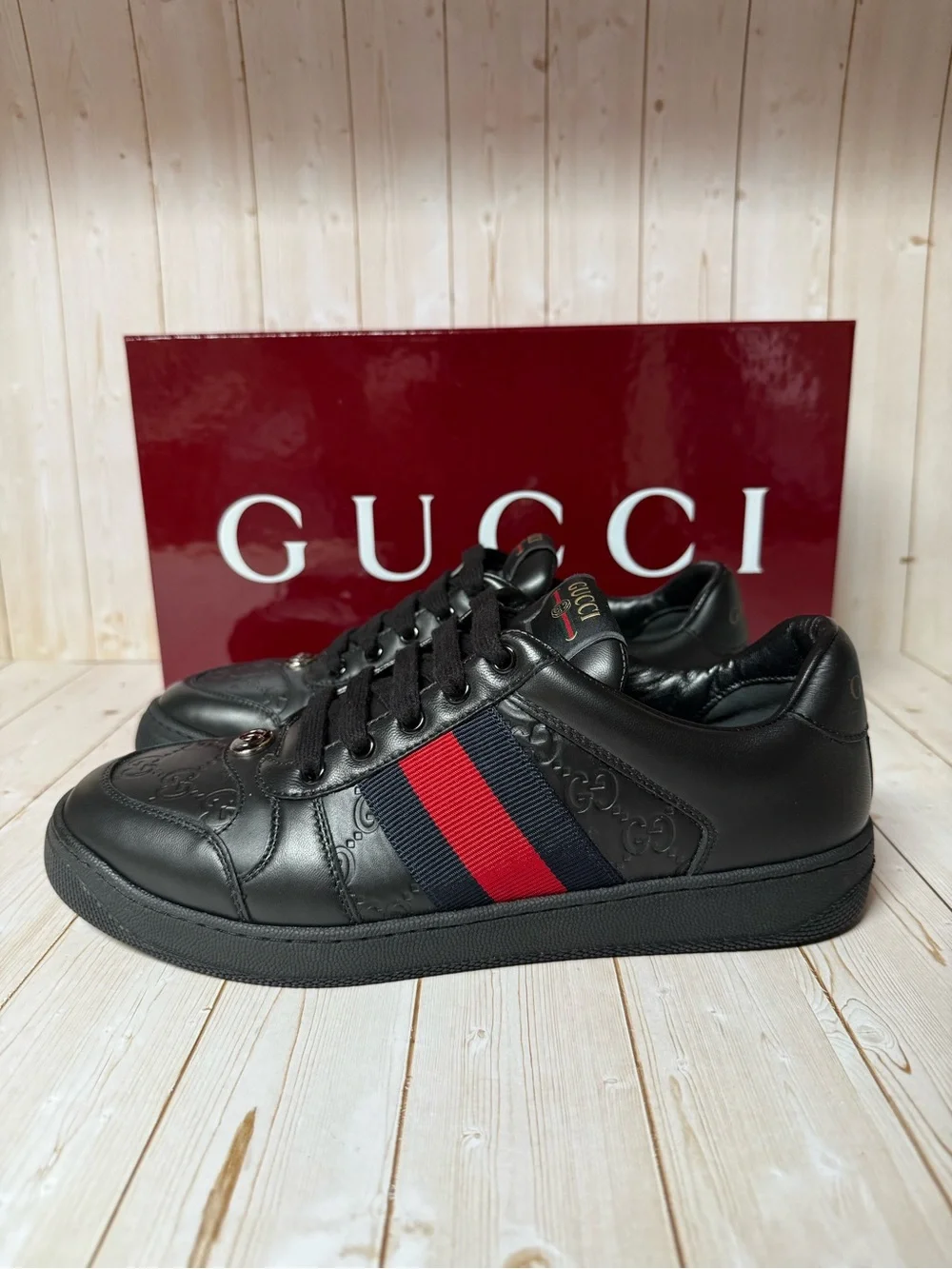 Gucci Men’s Black Leather Sneakers with Red & Navy Stripe